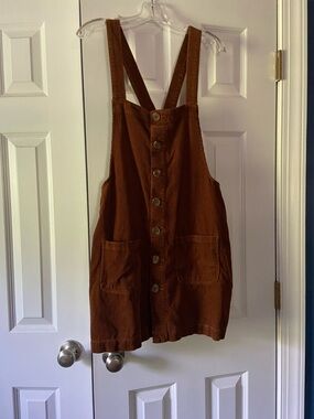Button-Front Corduroy Pinafore Dress in Rust Brown